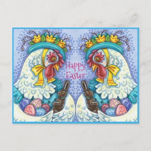 イースターボンネットと卵、春チキンカラフル シーズンポストカード (正面)