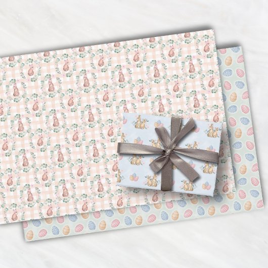 イースターラビットバニー水彩ピンクパターン ラッピングペーパーシート