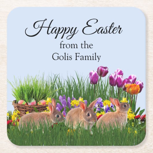 イースターラビットパーソナライズされた スクエアペーパーコースター (正面)