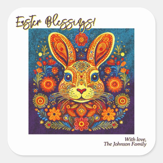 イースターラビット – フォークアート – Personalizable Easter スクエアシール (正面)