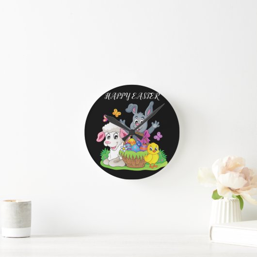 イースターラビット、子羊&シックのアクリル時計。 ラウンド壁時計 (ホーム)