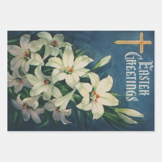イースターリリーの花、ヴィンテージ宗教的イースター ラッピングペーパーシート (正面3)