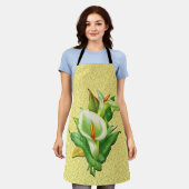 イースターリリー ゴールドダマスク オン イエローバックグラウンド エプロン (着用した状態)