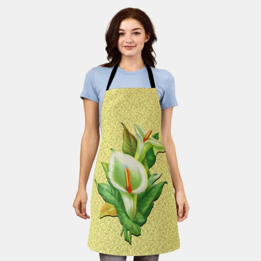 イースターリリー ゴールドダマスク オン イエローバックグラウンド エプロン (着用した状態)