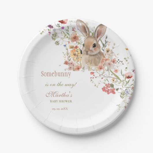 イースターワイルドフラワーの赤ちゃんシャワーの途中で何かバニー ペーパープレート (正面)