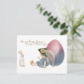 イースター卵スパイに頼る女の子の白うさぎ シーズンポストカード (スタンド正面)