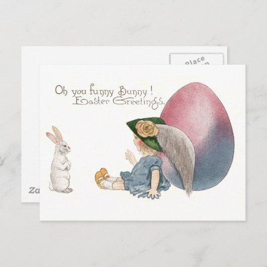 イースター卵スパイに頼る女の子の白うさぎ シーズンポストカード (正面/裏面)