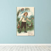 イースター卵バスケット持ち卵の少年 キャンバスプリント (インサイチュ (ウッドフロア))