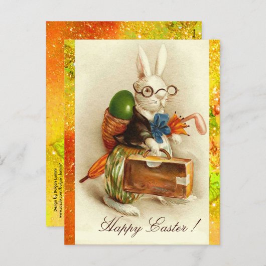 イースター卵付き白うさぎ旅行 シーズンポストカード (正面/裏面)