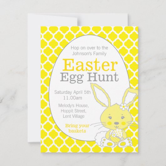 イースター卵狩りイエローグレーバニー招待状 招待状 (正面)