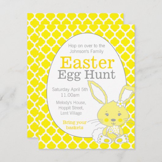 イースター卵狩りイエローグレーバニー招待状 招待状 (正面/裏面)