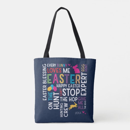 イースター卵狩りワードクラウドと子供の名前の年ブルー トートバッグ (裏面)