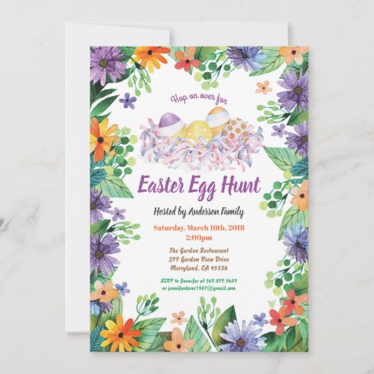 イースター卵狩り招待。紫の花 招待状 (正面)