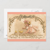 イースター女の子のピンクの服のひよこ-旧式な郵便はがき シーズンポストカード (正面/裏面)