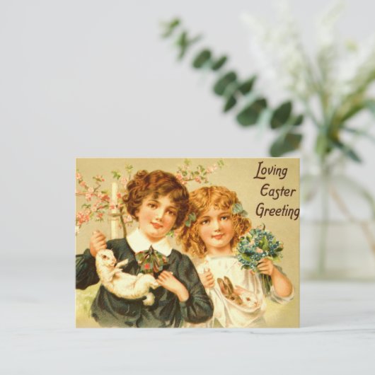 イースター子供のバニーの旧式な郵便はがきのノスタルジック シーズンポストカード (スタンド正面)