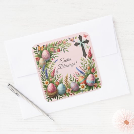 イースター恵みの花のフレーム スクエアシール (封筒)