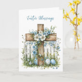 イースター恵みクロスホワイトフェンスブルーの花 カード (黄色い花)