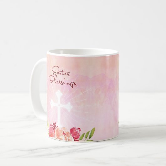 イースター恵みピンクの花と十字架 コーヒーマグカップ (正面左)