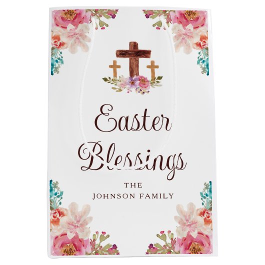 イースター恵みフローラ宗教十字架 ミディアムペーパーバッグ (正面)