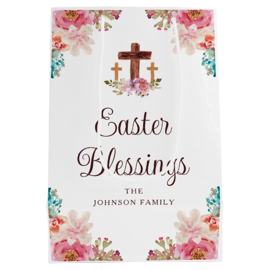 イースター恵みフローラ宗教十字架 ミディアムペーパーバッグ (裏面)