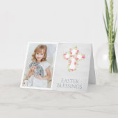 イースター恵み宗教的クロスピンクの花の写真 シーズンカード (正面)