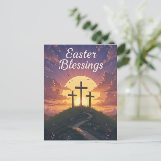 イースター恵み3クロス紫の夕日 ポストカード (スタンド正面)