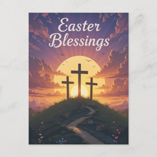 イースター恵み3クロス紫の夕日 ポストカード (正面)