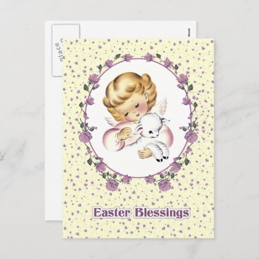 イースター恵み。ヴィンテージリトルエンジェルと子羊 シーズンポストカード (正面/裏面)
