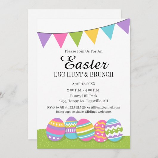 イースター招待状の卵狩りまたはブランチ 招待状 (正面/裏面)