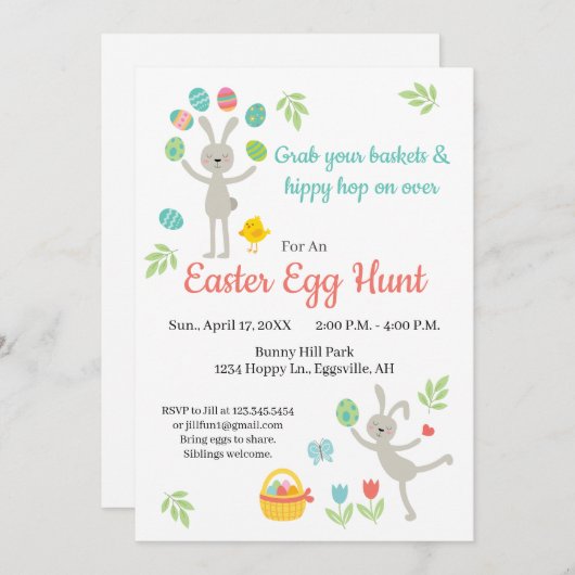 イースター招待状ホッピングバニーアンドエッグ狩り 招待状 (正面/裏面)