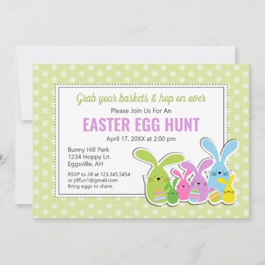 イースター招待状 ウサギの群れと卵の宝探し 招待状 (正面)