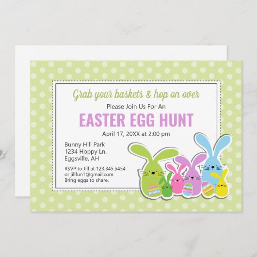 イースター招待状 ウサギの群れと卵の宝探し 招待状 (正面/裏面)