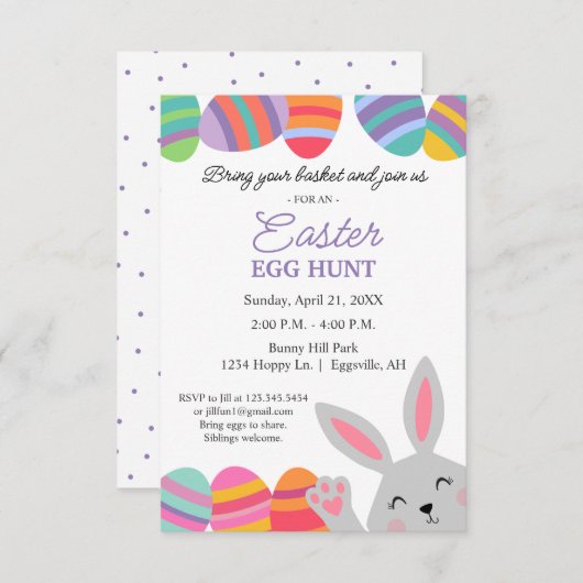 イースター招待 かわいいウサギ きれいな卵 招待状 (正面/裏面)