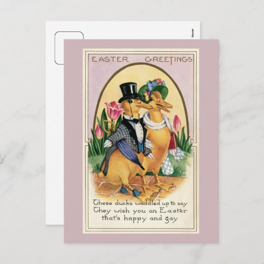 イースター挨拶かわいいビクトリアンアヒルのカップルの詩 シーズンポストカード (正面/裏面)