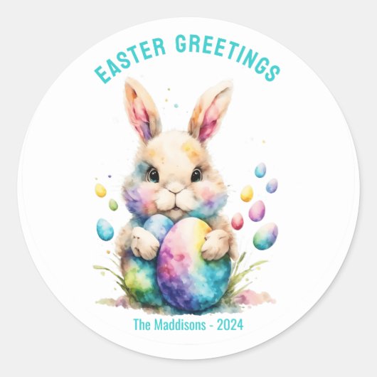 イースター挨拶バニーとその絵を描卵 ラウンドシール (正面)