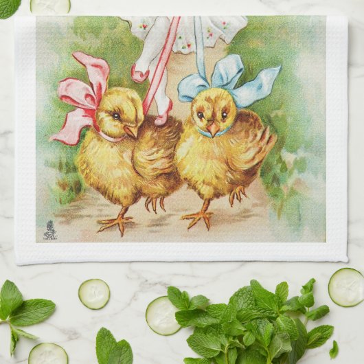 イースター旧式な郵便はがきのビクトリアンな女の子タオル キッチンタオル (折り畳み)