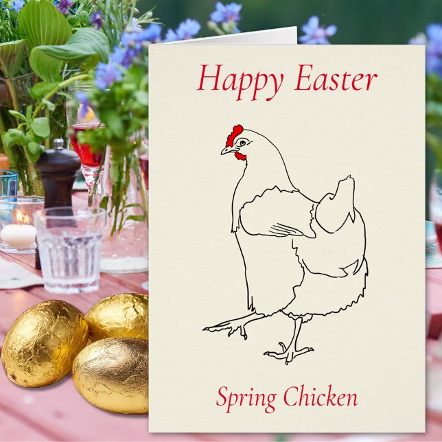 イースター春チキンシンプルスケッチ (Happy easter spring chicken cute hen minimalist line art drawing Folded holiday greetings card)