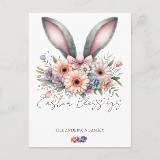 イースター春フローラバニーラビット耳ファミリー名 シーズンポストカード (正面)