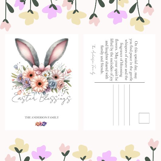 イースター春フローラバニーラビット耳ファミリー名 シーズンポストカード