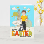 イースター白人の少年で犬を連れている少年のために カード (黄色い花)