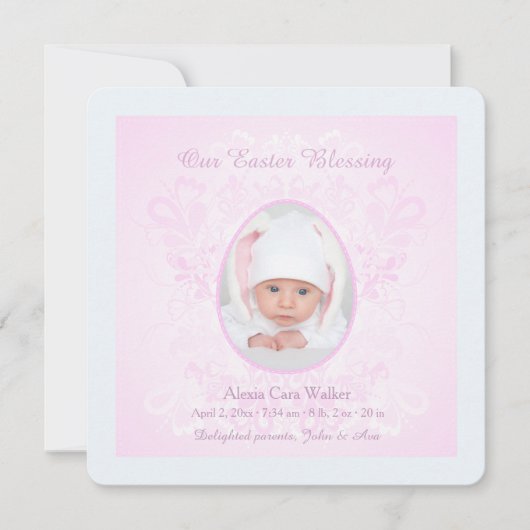 イースター祝福ピンク写真出生発表 シーズンカード (正面)