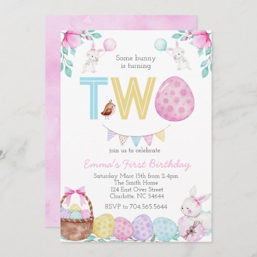 イースター第2誕生日、いくつかのバニーはTWo! 招待状 (正面/裏面)