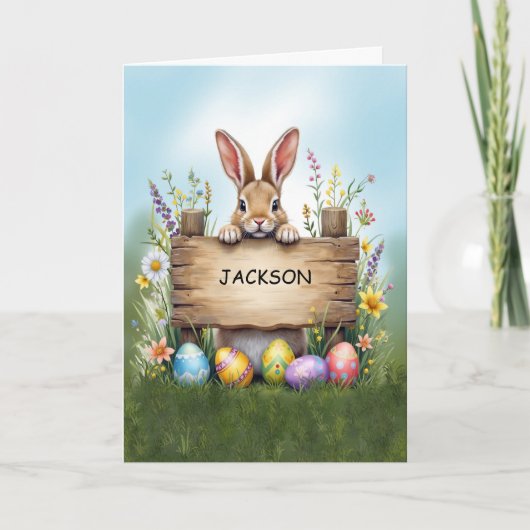 イースター素朴エッグで草の中のバニーにサイン カード (正面)