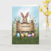 イースター素朴エッグで草の中のバニーにサイン カード (黄色い花)