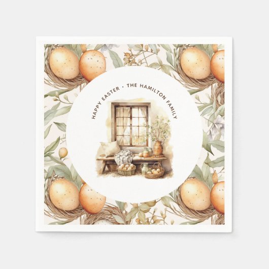 イースター素朴ベージュパーソナライズされたファミリー名 スタンダードカクテルナプキン (正面)