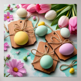 イースター素朴卵を持つ絵を描木製のラベル ポスター