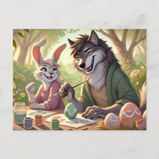 イースター絵を描エッグ – Wolf & Bunny Artおもしろい シーズンポストカード (正面)