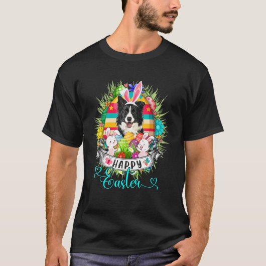 イースター縁どエッグバスケットバニーズハでコリー犬 Tシャツ (正面)