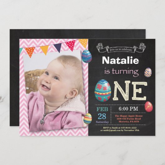 イースター誕生日ガールイースター卵1日目 招待状 (正面/裏面)