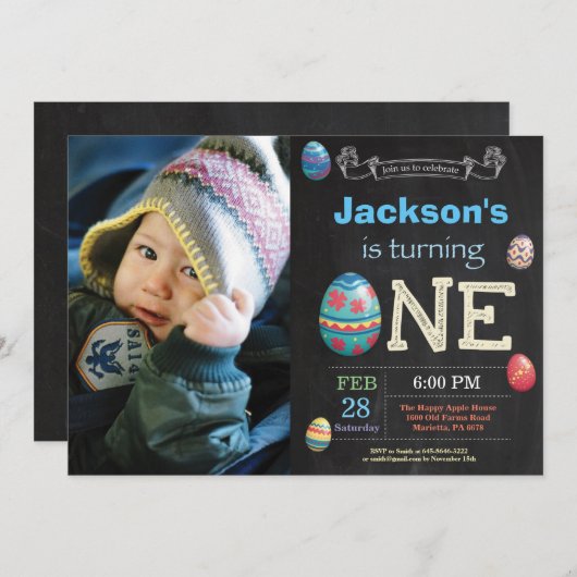 イースター誕生日ボーイイースター卵の最初の1日 招待状 (正面/裏面)